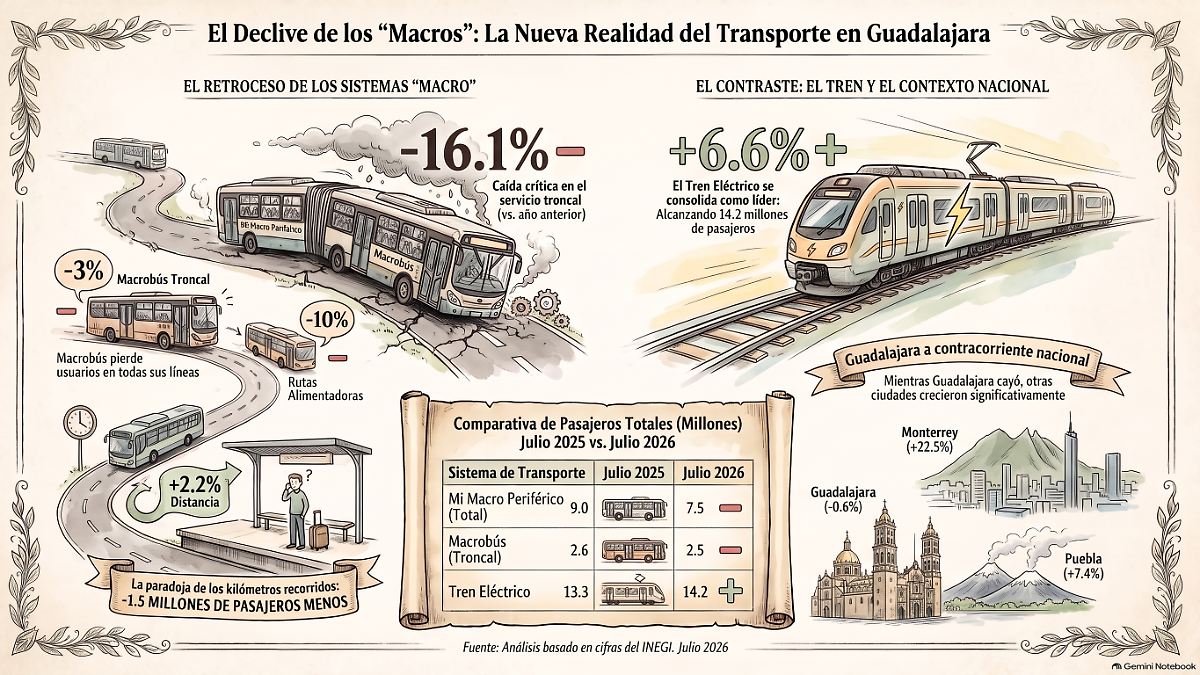 Tren Eléctrico de Guadalajara gana usuarios mientras sistemas de Macrobus enfrentan caída en julio